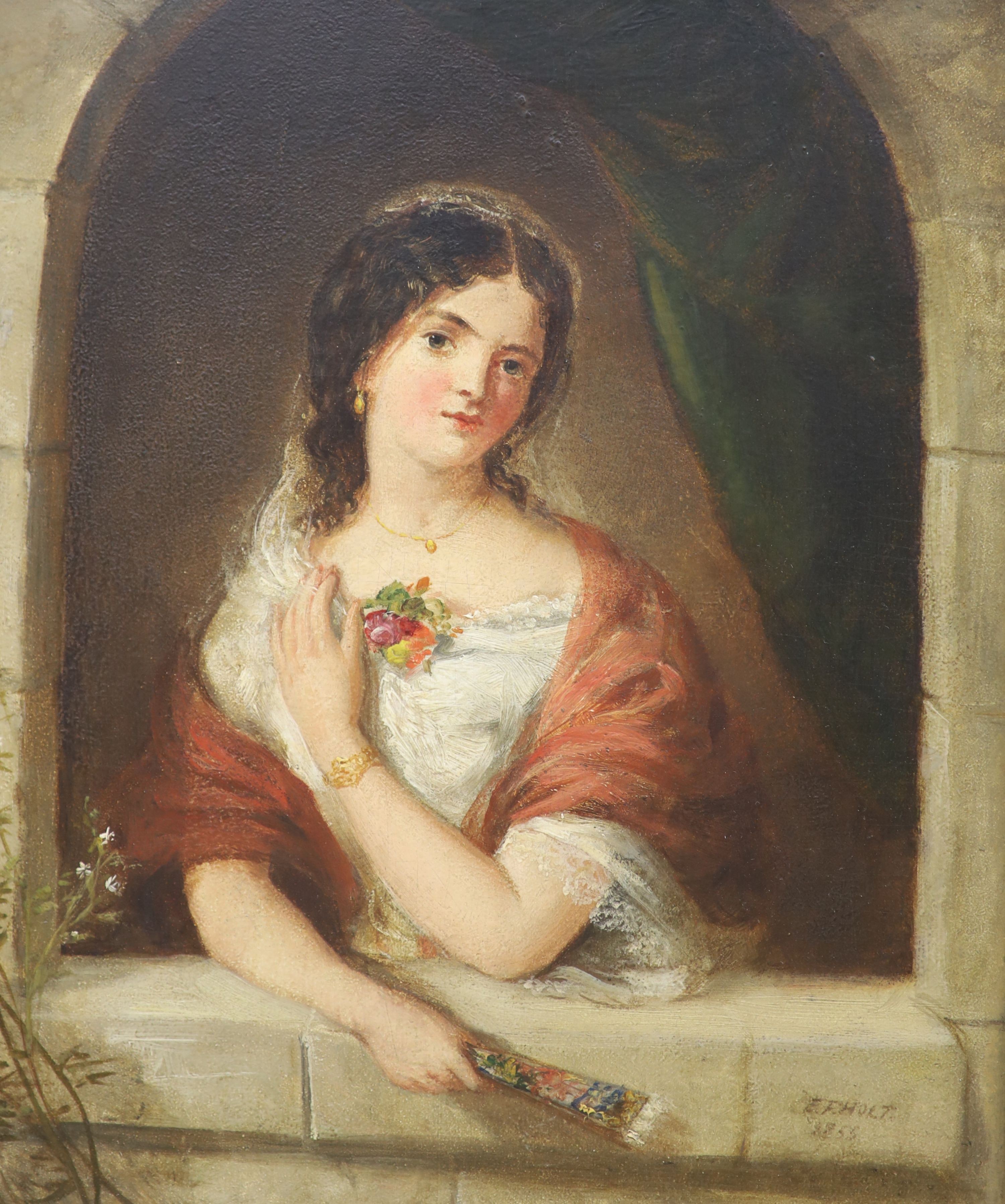 Edwin Frederick Holt (1830-1912), oil on board, Young lady in an archway, signed and dated 1855, 33 x 27cm.